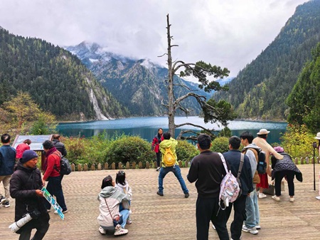 Long Lake with snowy mountains and One-Armed Old Cypress