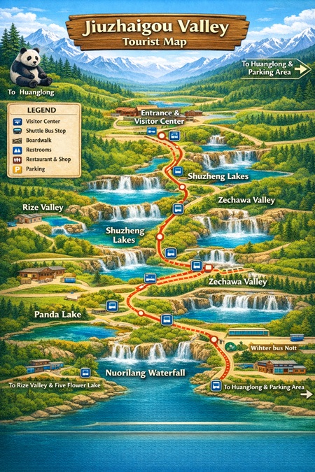 Map of Shuzheng Valley, showing lakes, waterfalls, and trails